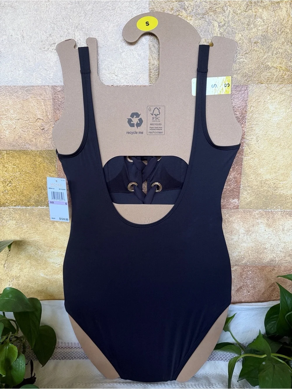 Michael Kors One Piece Front Lace-Up Low Scoop Back Black/Gold Swimsuit, Size 6